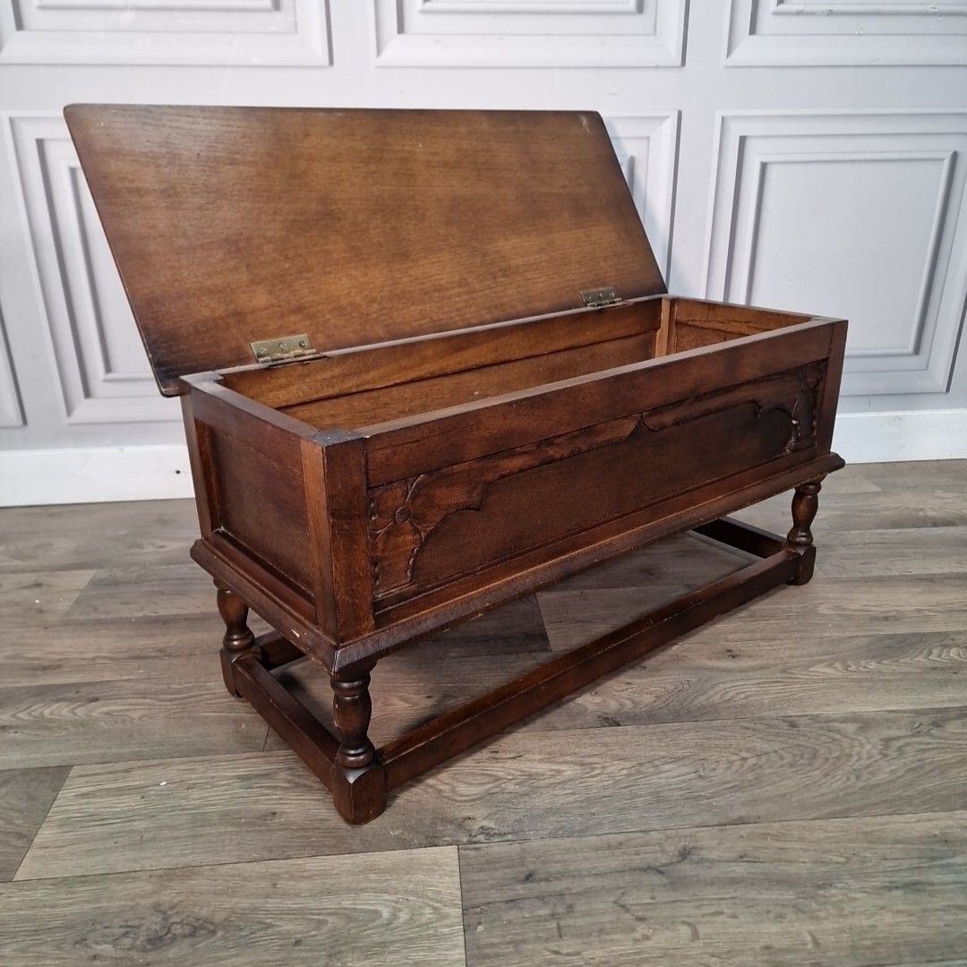 Antique Wooden Carved Blanket Box Mule Chest Trunk Table On Turned Stand Oak photo Furniture