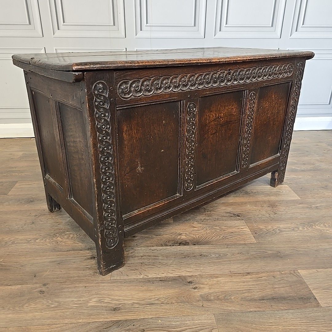 Antique Coffer Blanket Box Trunk Oak – Carved Guilloche Panels – 18th Century photo furniture