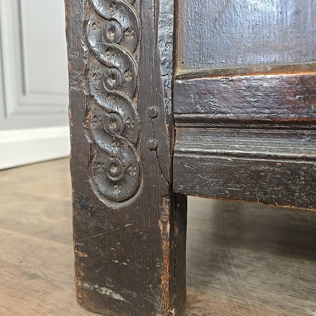730.0 Antique Coffer Blanket Box Trunk Oak – Carved Guilloche Panels – 18th Century photo