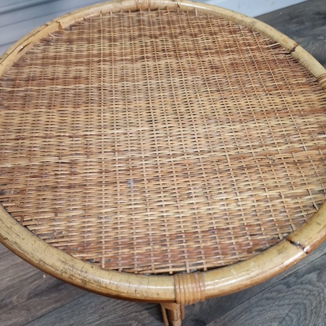 Vintage Rattan Side Table Woven Cane Top Boho Mid Century Retro Bamboo Style Mcm photo vintage