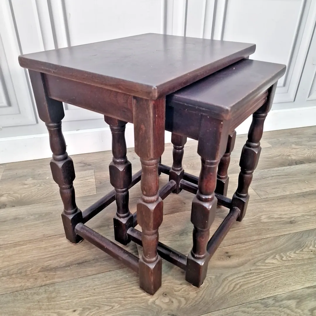 Retro Vintage Nest Of 2 Tables Decorative Turned Wooden Side Tables Nesting photo furniture
