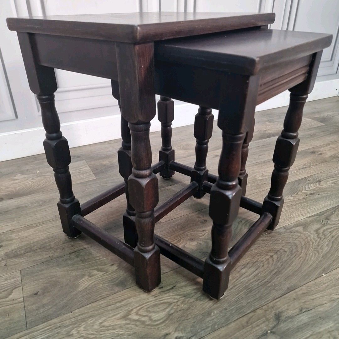 Furniture Retro Vintage Nest Of 2 Tables Decorative Turned Wooden Side Tables Nesting photo