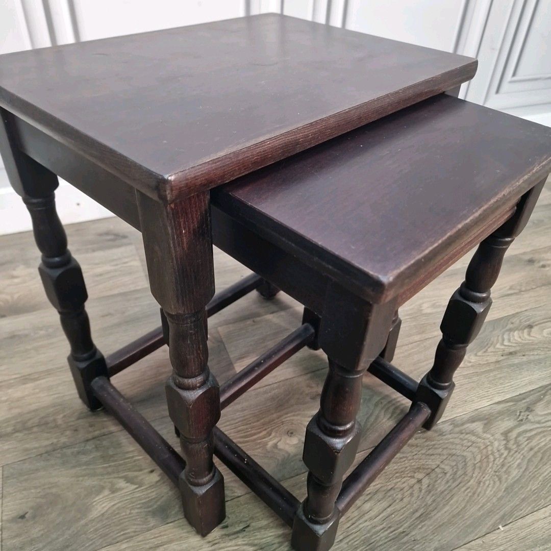 55.0 Retro Vintage Nest Of 2 Tables Decorative Turned Wooden Side Tables Nesting photo