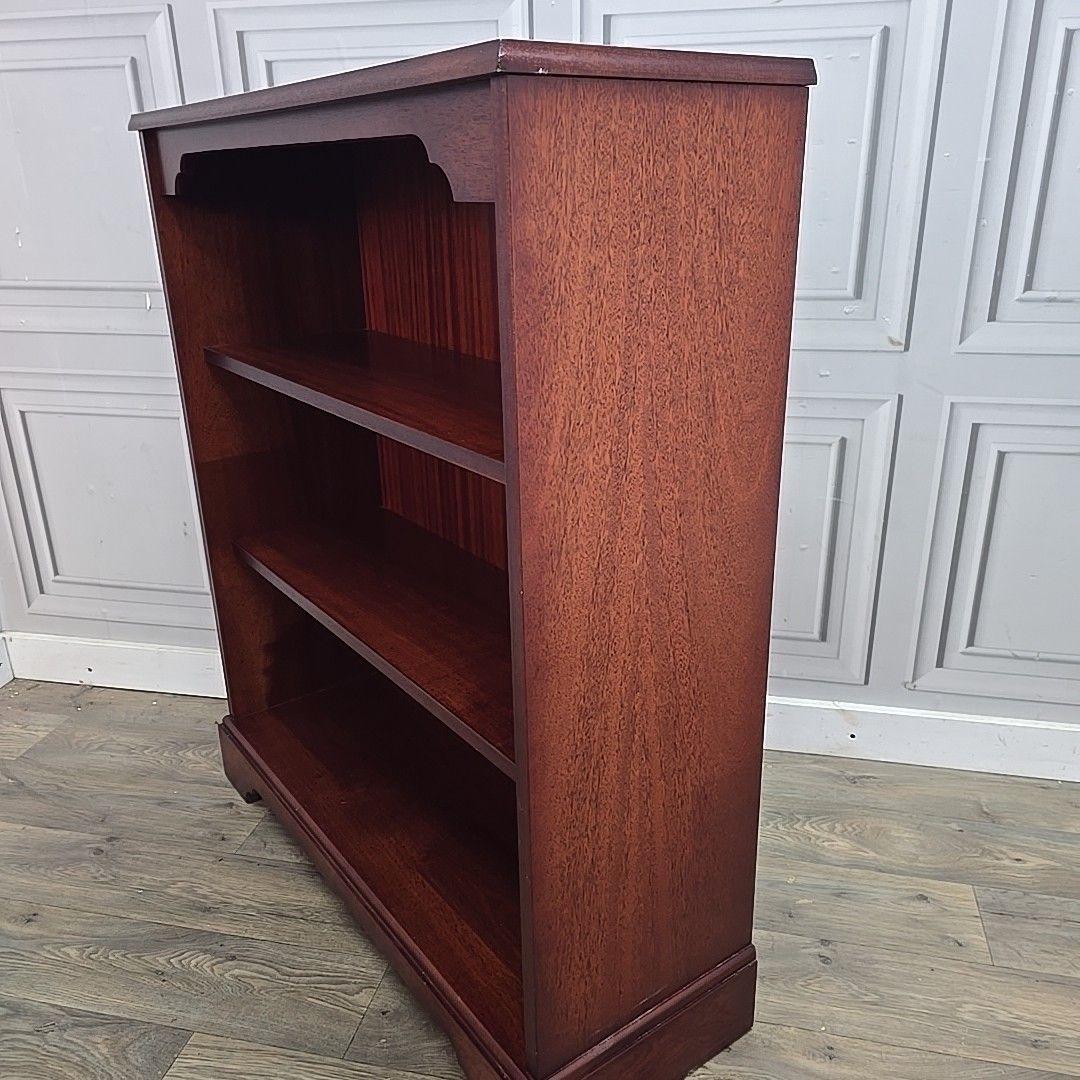 photo buy Antique Reproduction Bookcase Mahogany Open Shelves Low Cabinet Vintage Wooden
