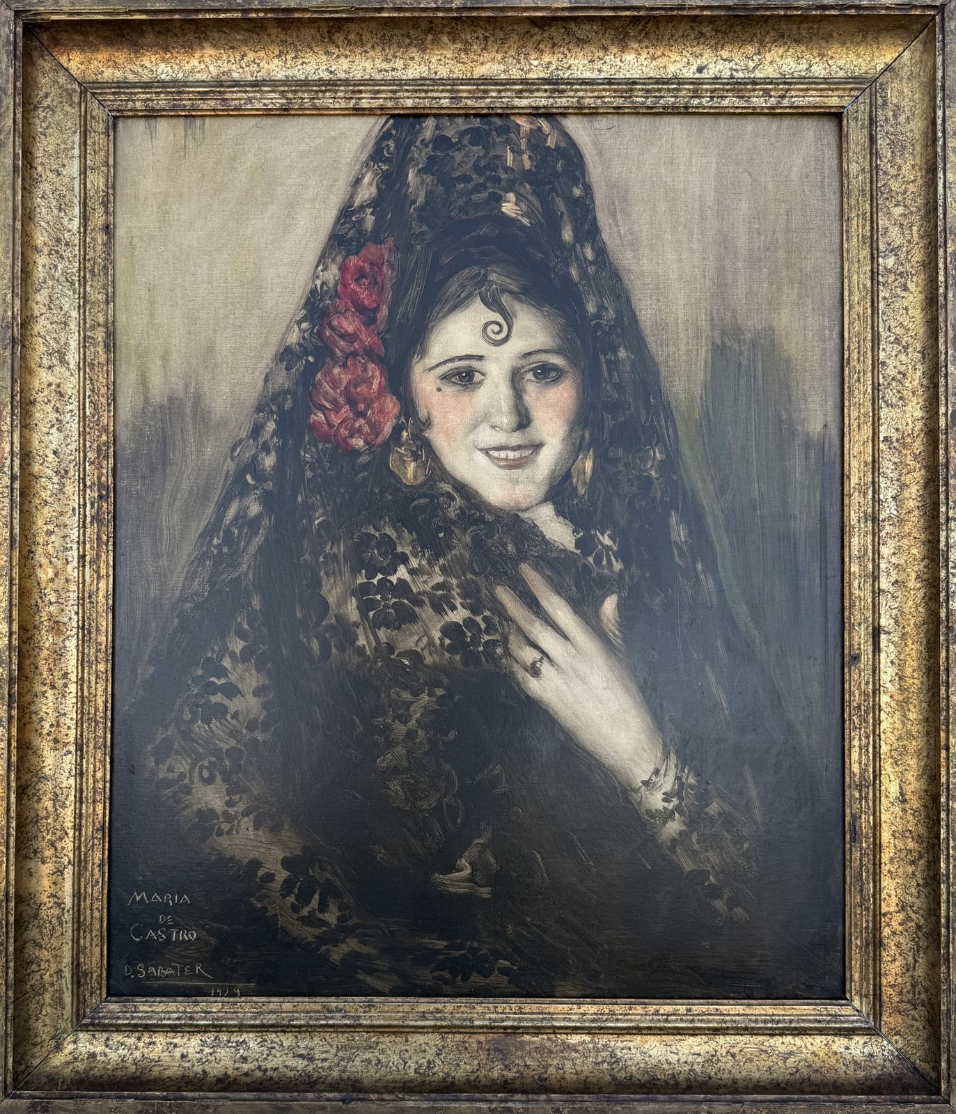 Daniel Sabater Y Salabert, dame espagnole à la mantille et à l'œillet rouge, portrait à l'huile, 1929, art européen