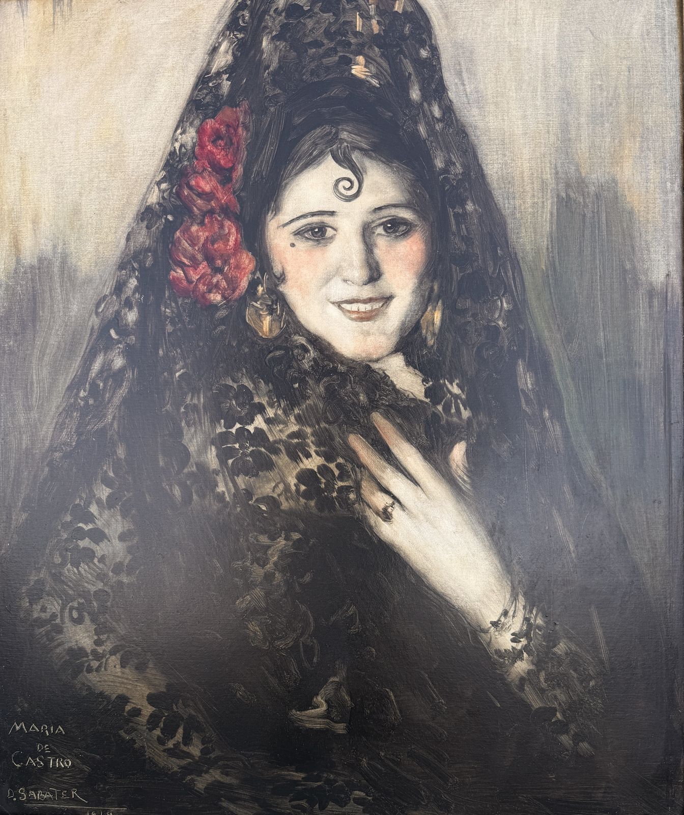 Daniel Sabater Y Salabert, dame espagnole à la mantille et à l'œillet rouge, portrait à l'huile, 1929, art européen photo furniture