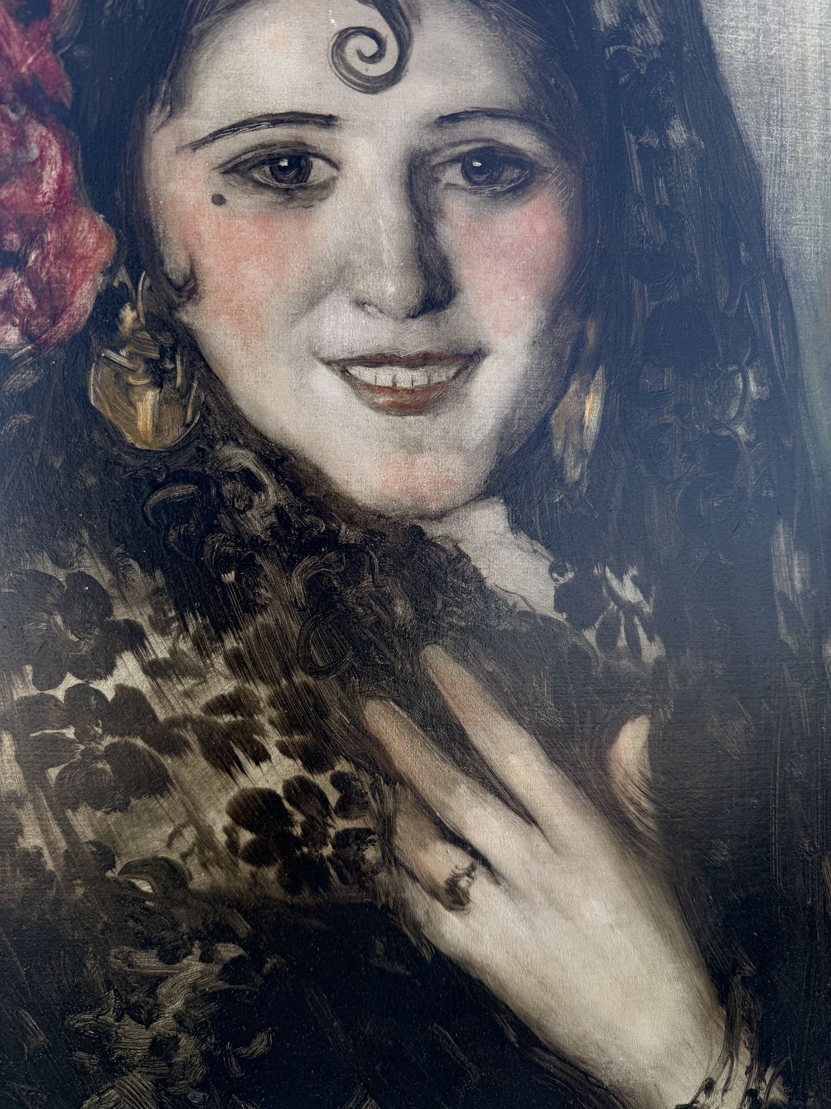 Daniel Sabater Y Salabert – Spaanse dame met mantilla en rode anjer, portret in olie, 1929, Europese kunst photo 1900.0