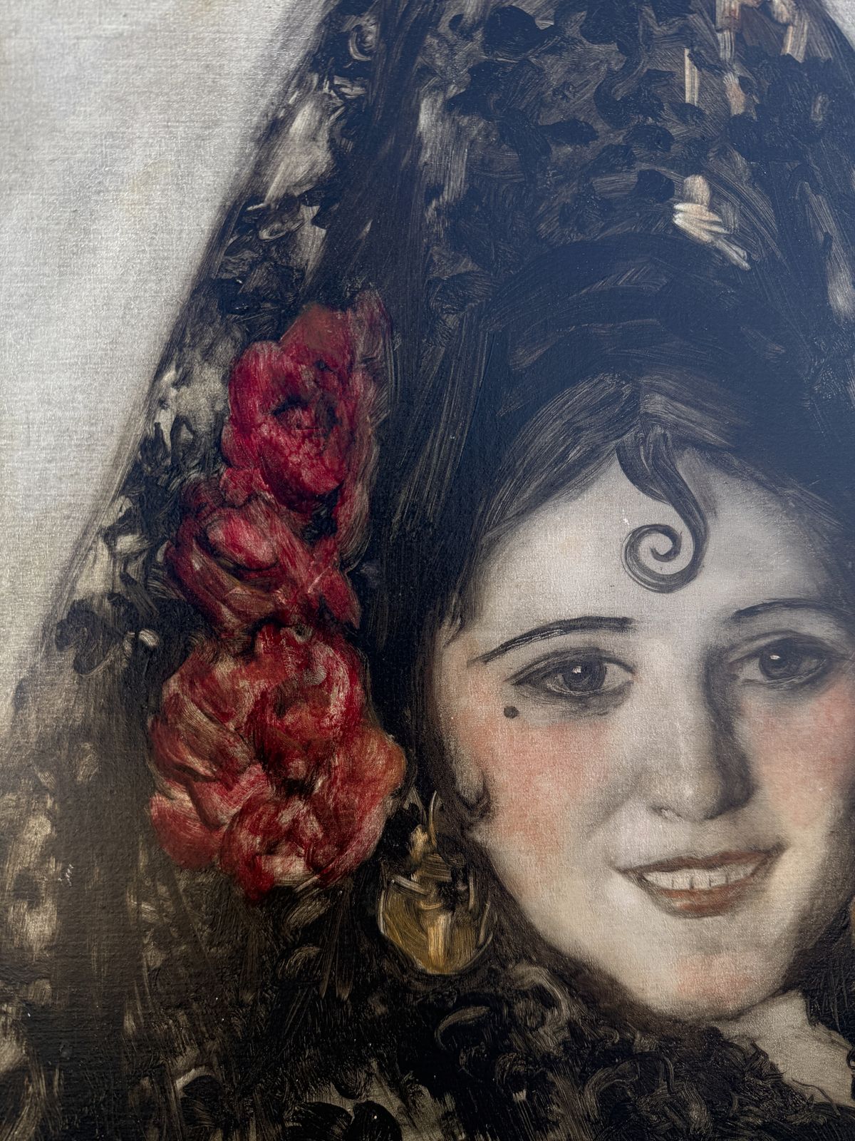 Daniel Sabater Y Salabert – Spaanse dame met mantilla en rode anjer, portret in olie, 1929, Europese kunst photo vinterior
