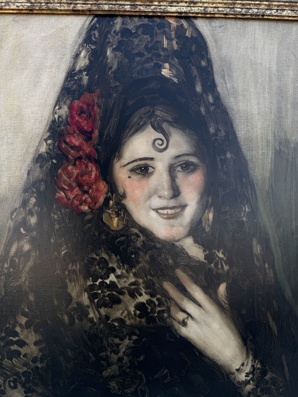 Daniel Sabater Y Salabert – Spaanse dame met mantilla en rode anjer, portret in olie, 1929, Europese kunst photo buy