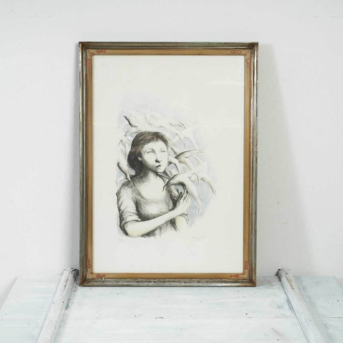80/200 Lithograph, Young Woman Surrounded By Birds By Domenico Purificato