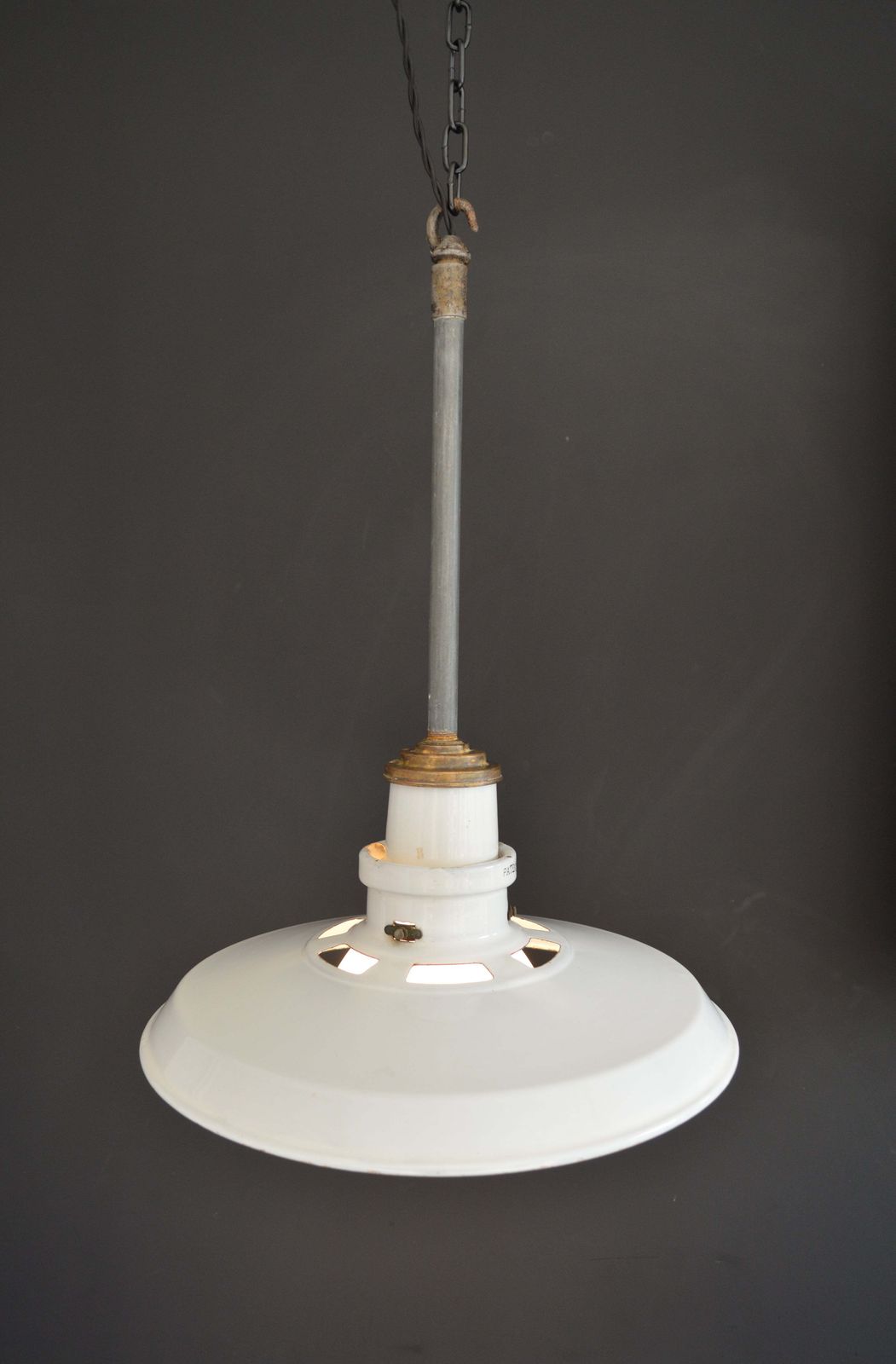 photo for sale Pair Of 1940s Thorlux Industrial White Enamel Pendant Lights With Opaline Glass Shades