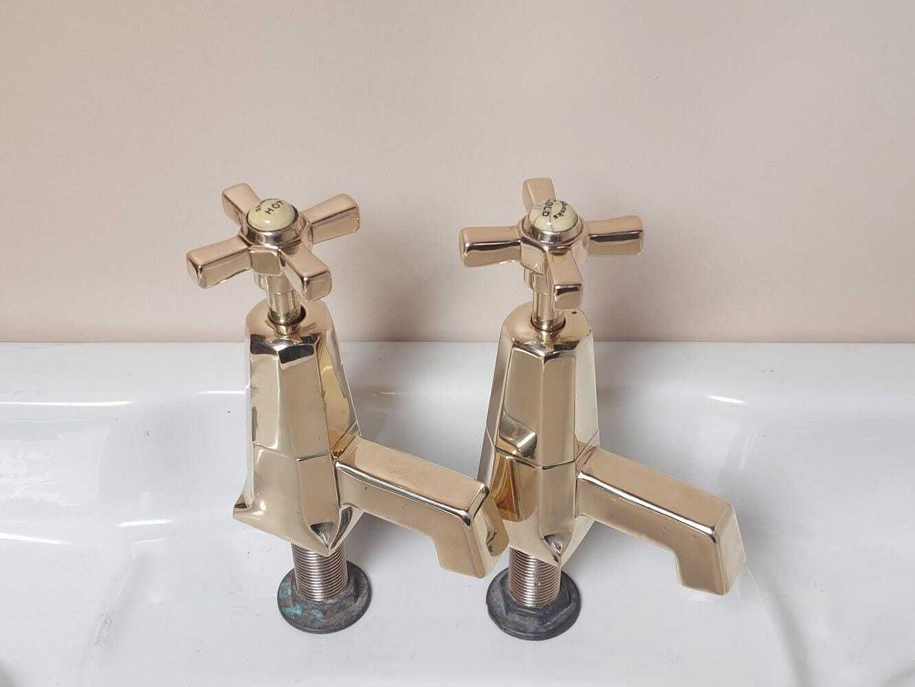 Pair Of Original Art Deco Basin Taps, Polished Brass Sink Faucets, 1920s Basin Taps, Overhauled And Ready To Fit photo for sale