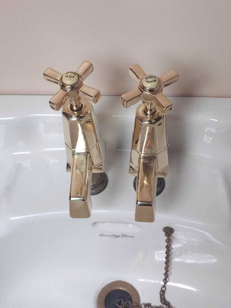 Pair Of Original Art Deco Basin Taps, Polished Brass Sink Faucets, 1920s Basin Taps, Overhauled And Ready To Fit photo vinterior