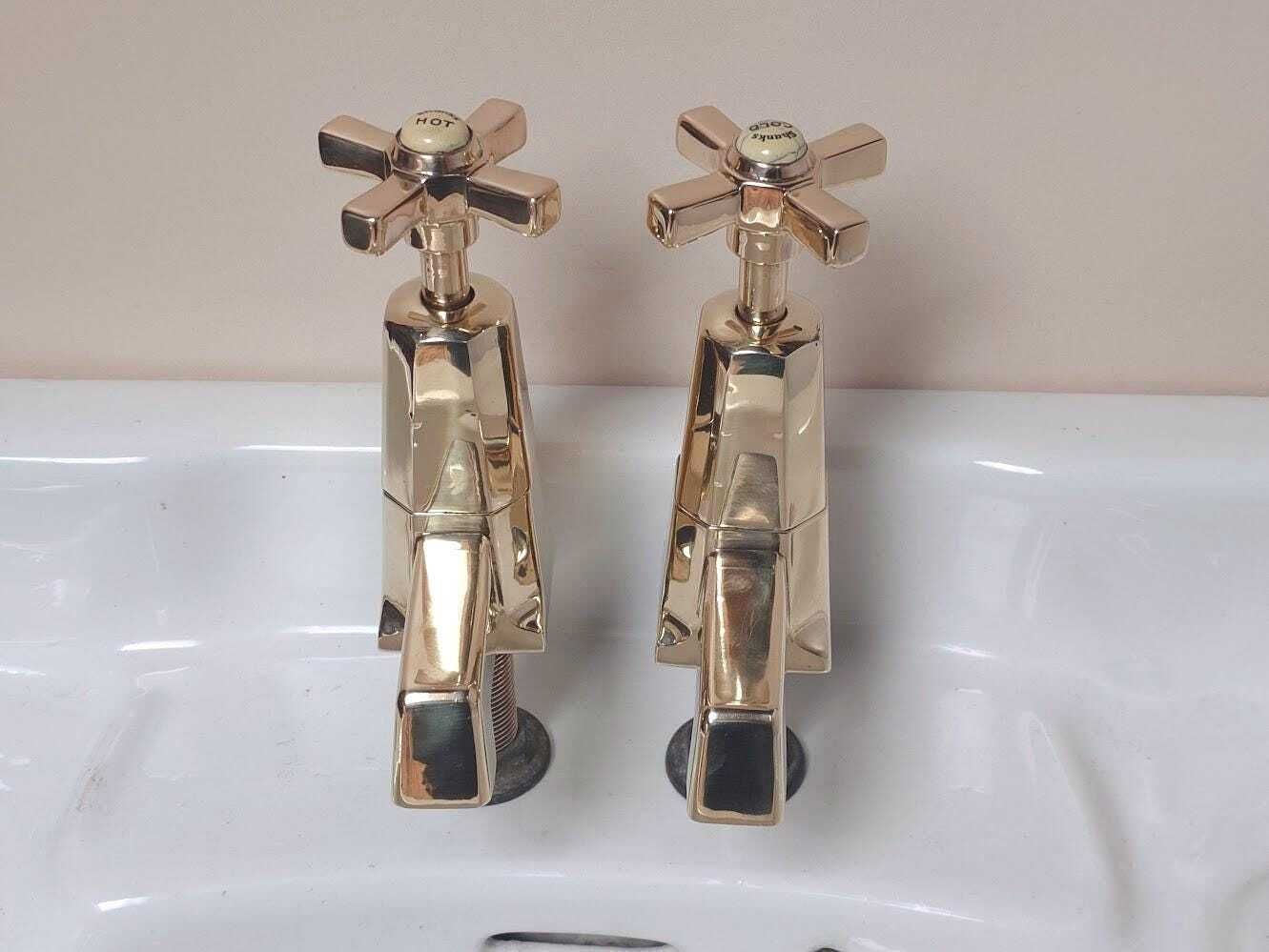 Pair Of Original Art Deco Basin Taps, Polished Brass Sink Faucets, 1920s Basin Taps, Overhauled And Ready To Fit photo vintage