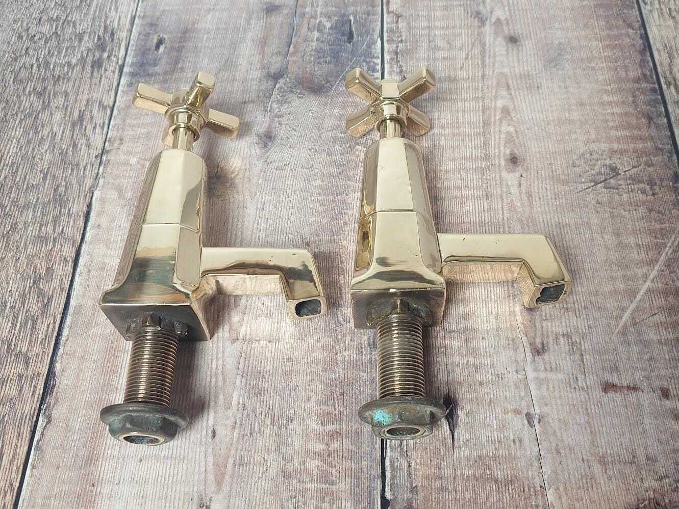 photo furniture Pair Of Original Art Deco Basin Taps, Polished Brass Sink Faucets, 1920s Basin Taps, Overhauled And Ready To Fit