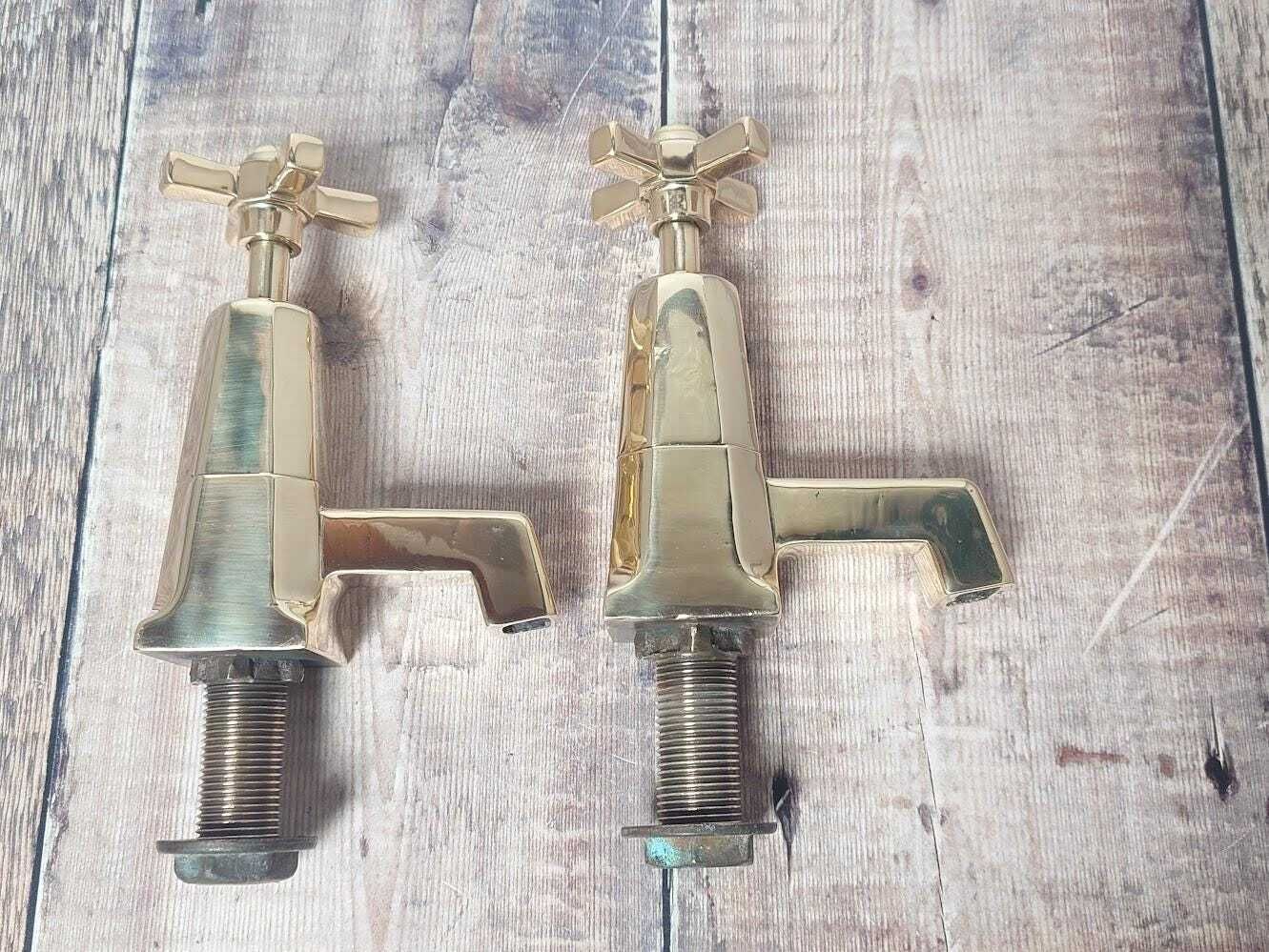photo for sale Pair Of Original Art Deco Basin Taps, Polished Brass Sink Faucets, 1920s Basin Taps, Overhauled And Ready To Fit