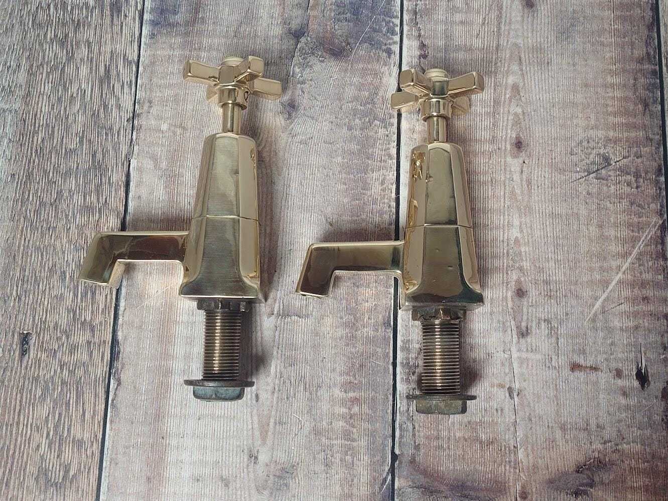 230.0 Pair Of Original Art Deco Basin Taps, Polished Brass Sink Faucets, 1920s Basin Taps, Overhauled And Ready To Fit photo