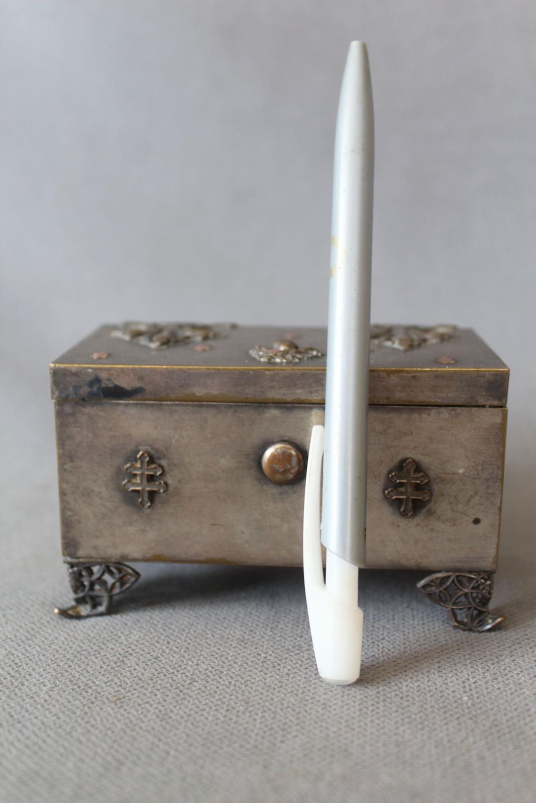 Antique Late 19th Century, Early 1900s Silver Plated On Brass Box, Copper Cross De Lorraine Decoration, Scottish Thistle, Satin Tufted Lined photo buy