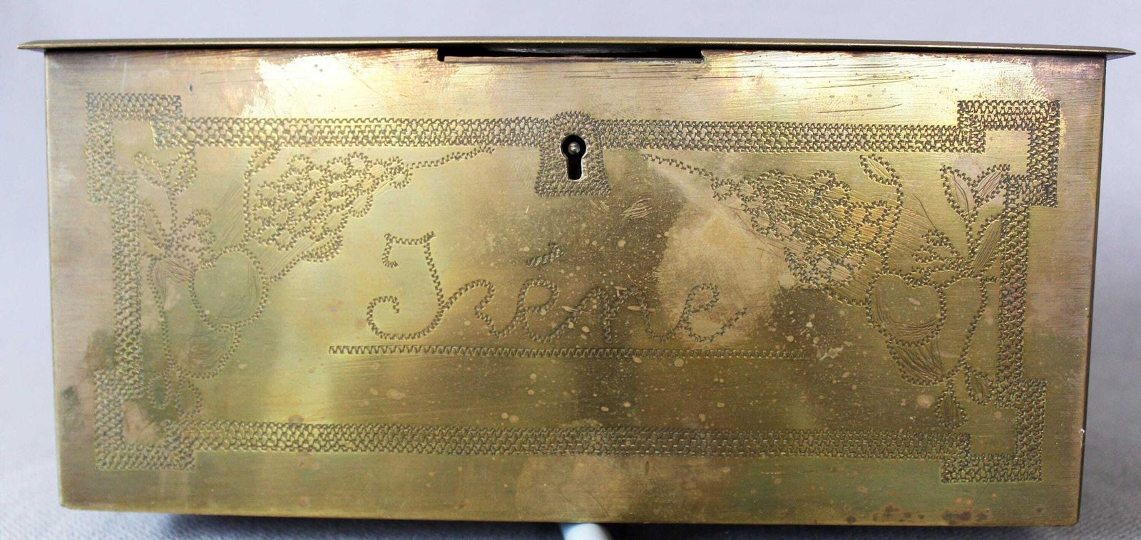 Antique Heavy Solid Brass Cash Box, No Key, Hand Made, Hand Engraved, Butterfly, Name Irene, French Saying, Storage Strong Box, Over 2 Kilos photo buy
