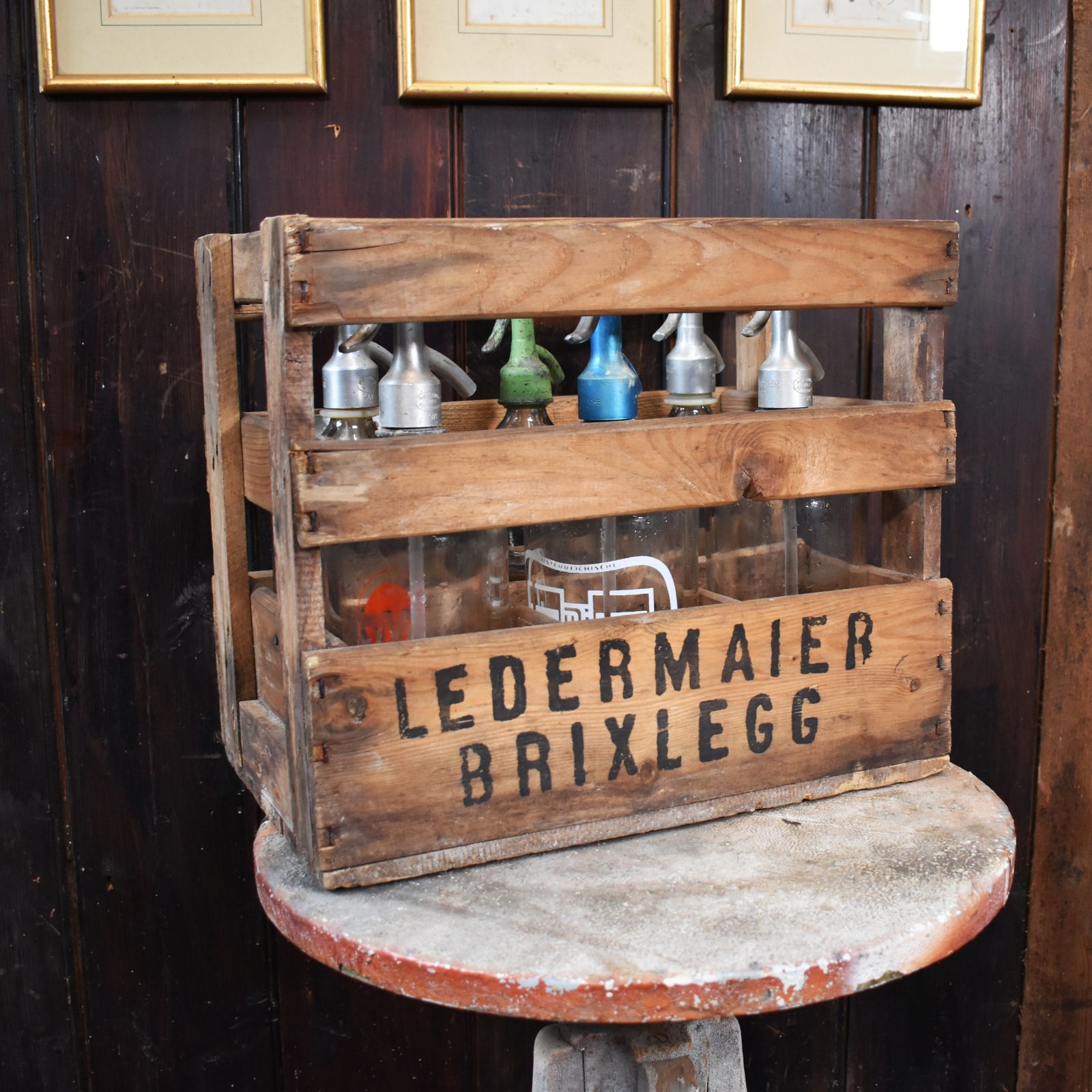 Antique 1927  1971 Ledermaier Brixlegg Six Soda Syphon Original Crate Austrian photo furniture