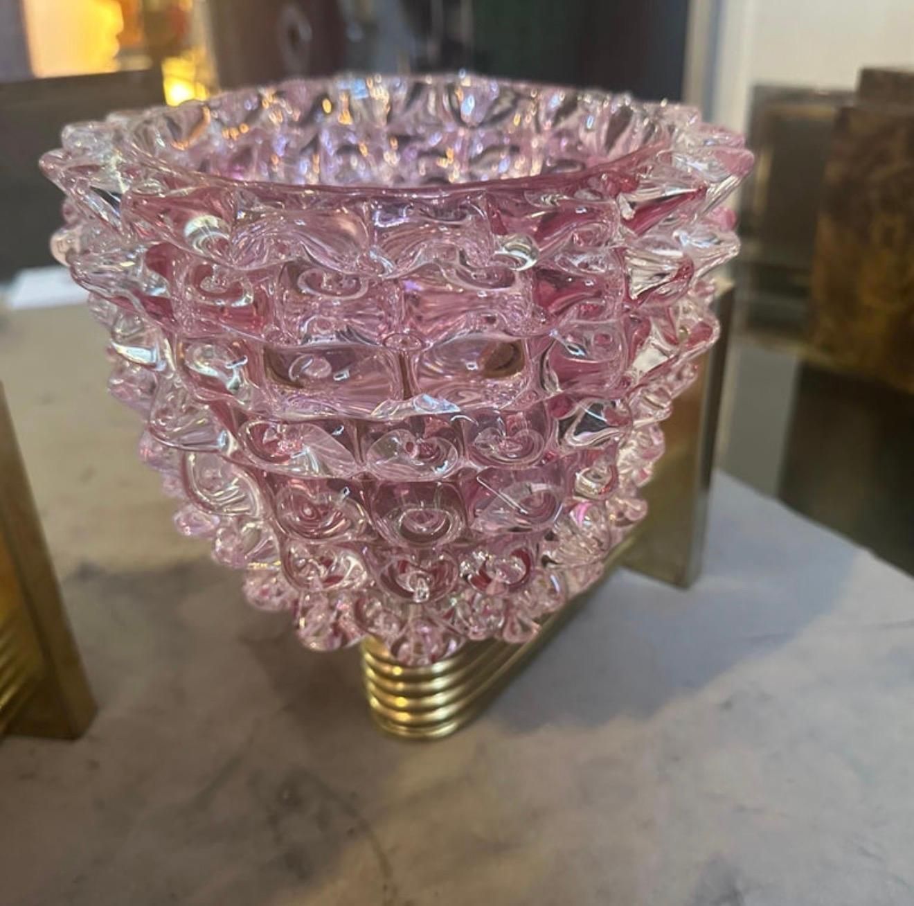 Two 1990s Barovier Style Art Deco Rostrato Pink Murano Glass Wall Sconces photo vintage
