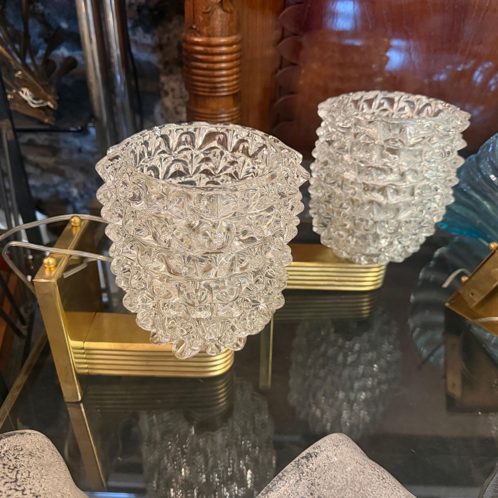 Two 1990 Barovier Style Mid Century Modern Brass And Rostrato Glass Wall Sconces photo Lighting