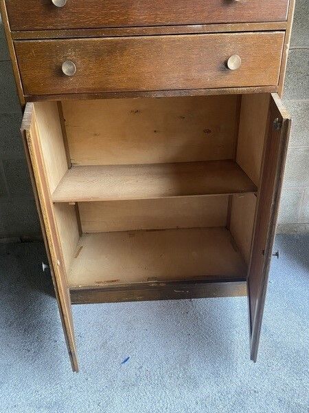 Character Vintage Wooden Housekeeper’s Hall Cupboard With Two Drawers photo for sale