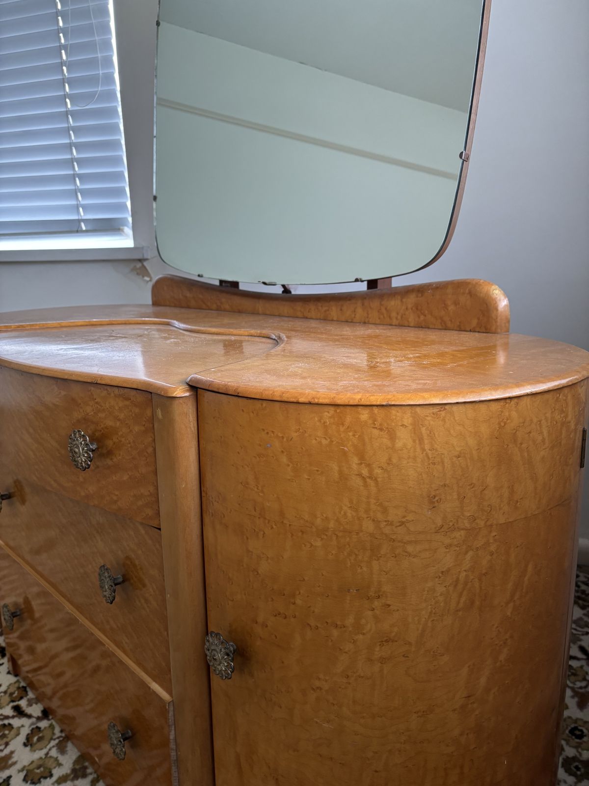 Art Deco Burr Walnut Dressing Chest / Vanity With Mirror & Curved Side Cupboards, C.1930s photo Furniture
