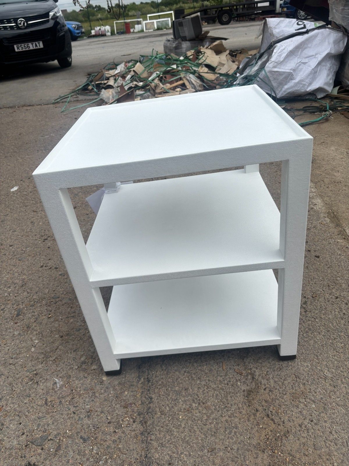 Made Goods Jarin Designer White Side Table With Faux Belgian Linen Finish photo buy