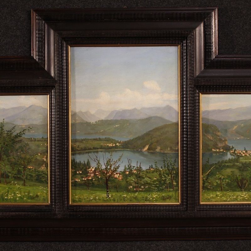 Drieluik van 20e-eeuwse schilderijen – Uitzicht op het Lago di Lugano photo for sale