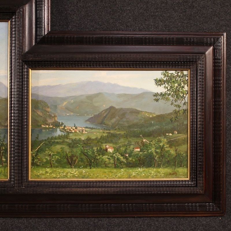 Triptyque de peintures italiennes du XXe siècle, vue du lac de Lugano photo 2850.0