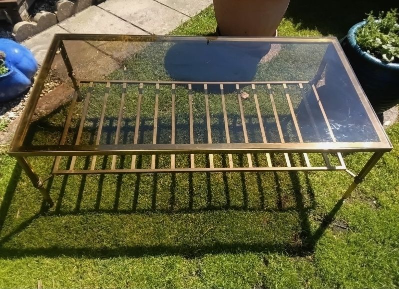 Big, Big Reduction.....Magnificent Vintage Brass Framed, Smoke Glass Top, Coffee Table. photo furniture