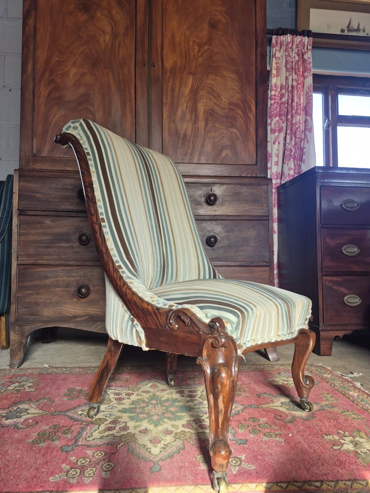 Fabulous Victorian Vintage Stripey Velvet Zebra Wood Scrollback Slipper Armchair photo vintage