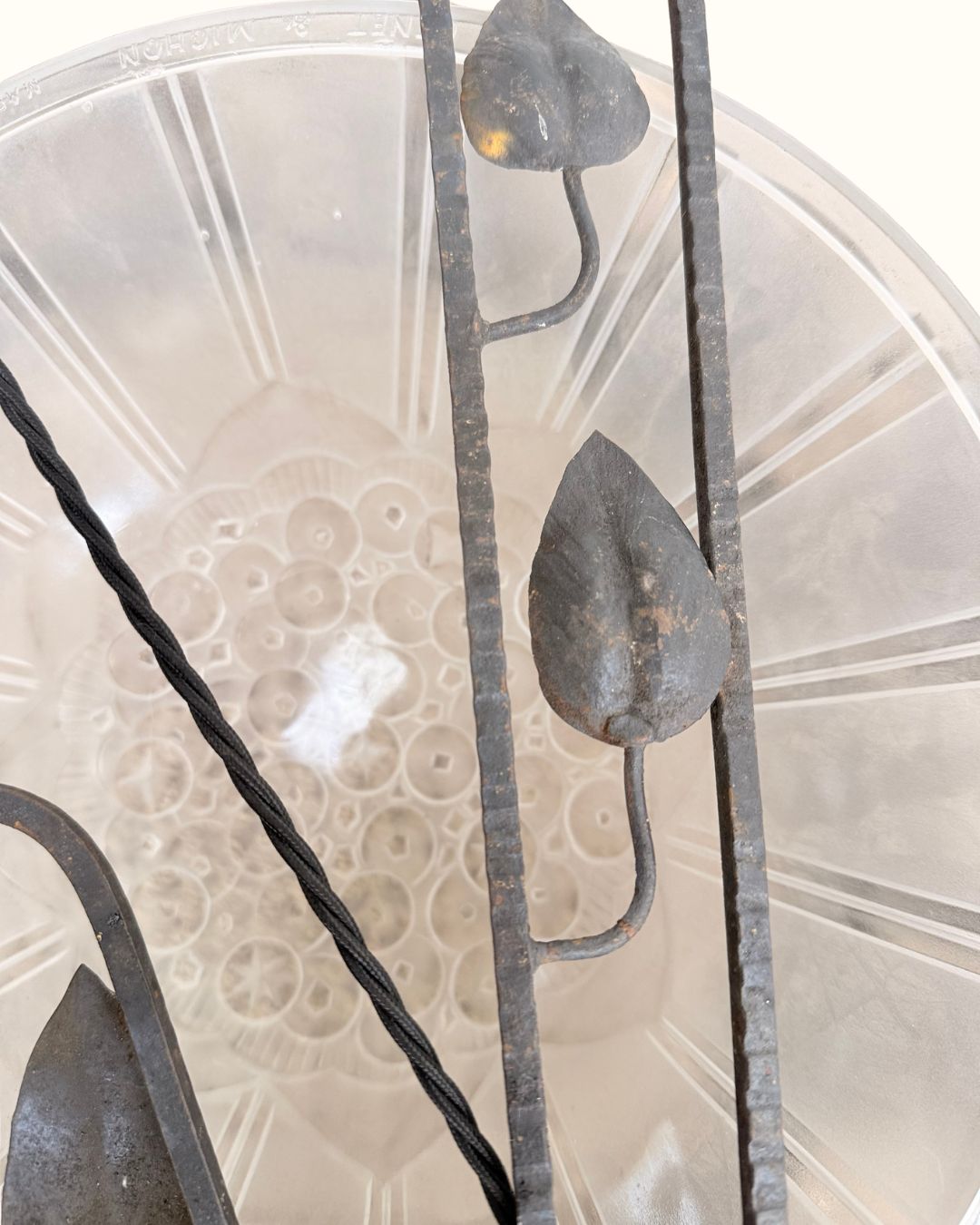 1920s Genet & Michon French Art Nouveau Wrought Iron And Frosted Glass Chandelier photo 1500.0