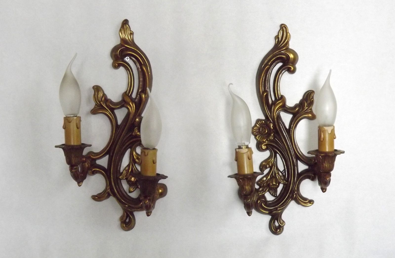 Pair French Mid Century Bronze Double Wall Lights With Acanthus Leaf & Flower Detail