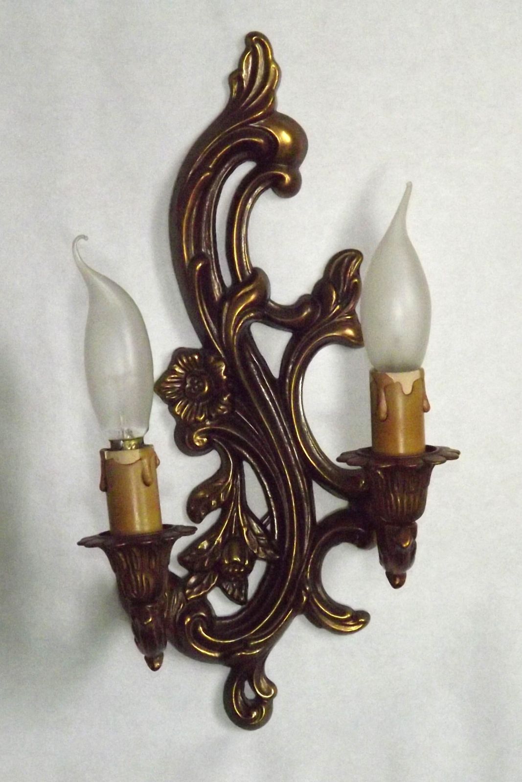 Pair French Mid Century Bronze Double Wall Lights With Acanthus Leaf & Flower Detail photo buy