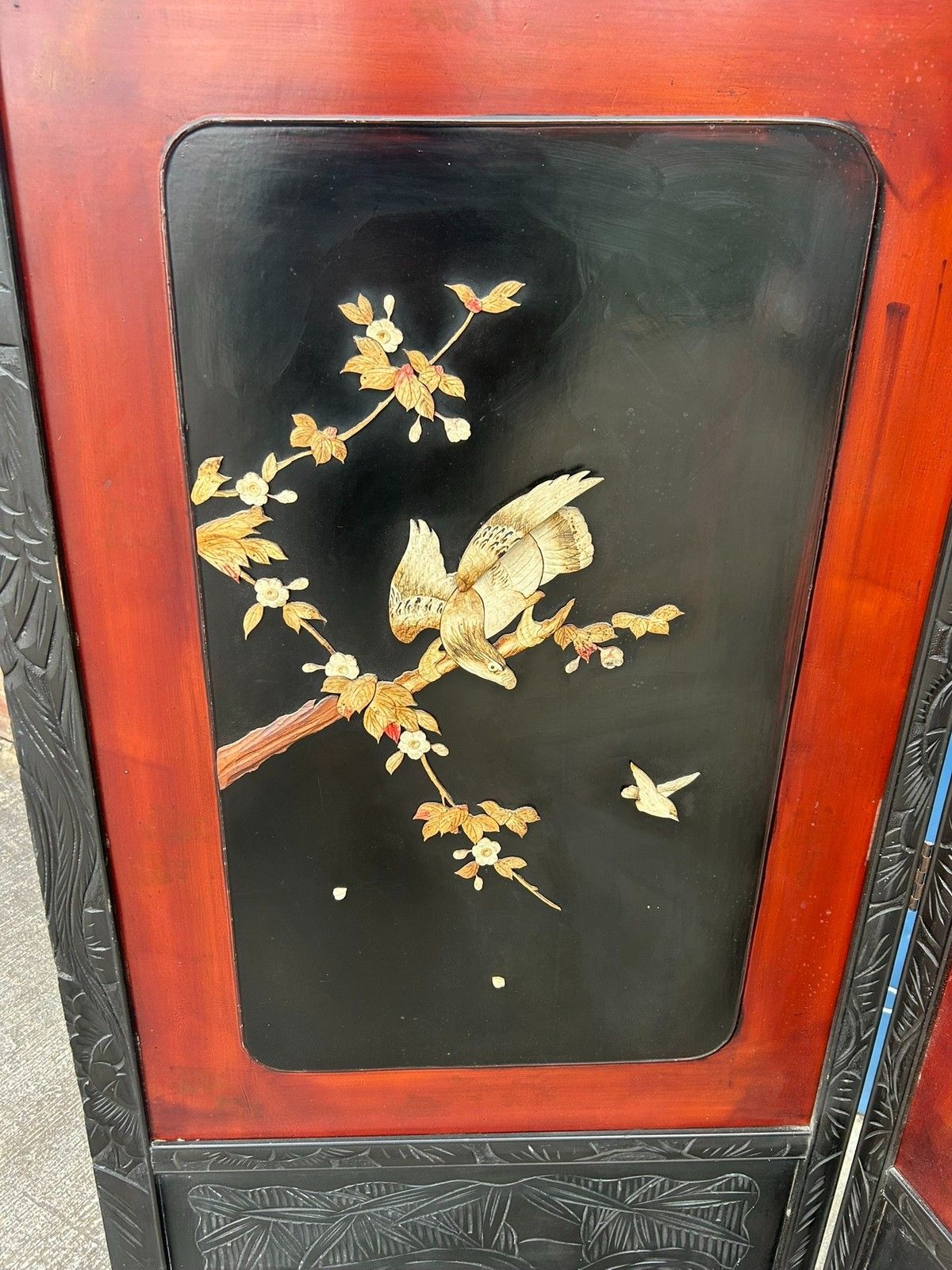 Antique Japanese Dress Screen Divider Hand Painted & Carved Birds Meiji Period photo furniture