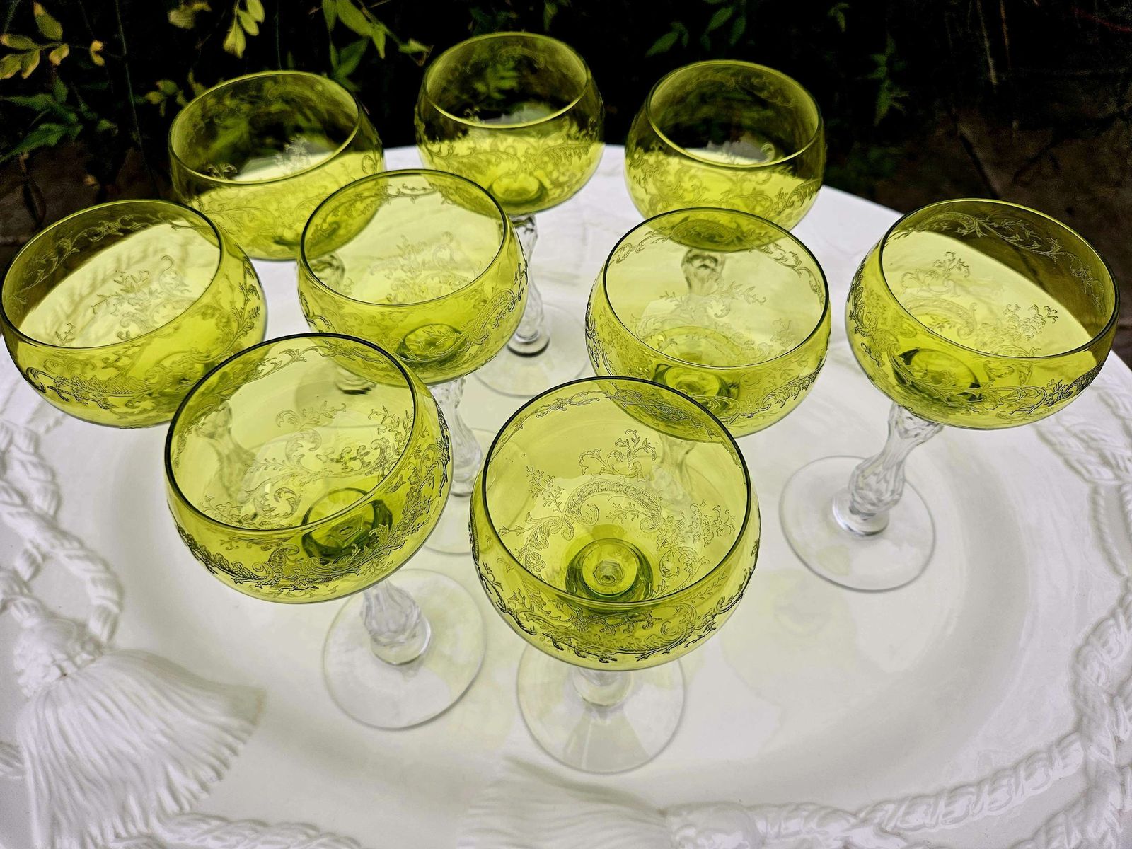 Pair Of Antique, Uranium St Louis French Crystal Hock Glasses In Lime Green photo vinterior