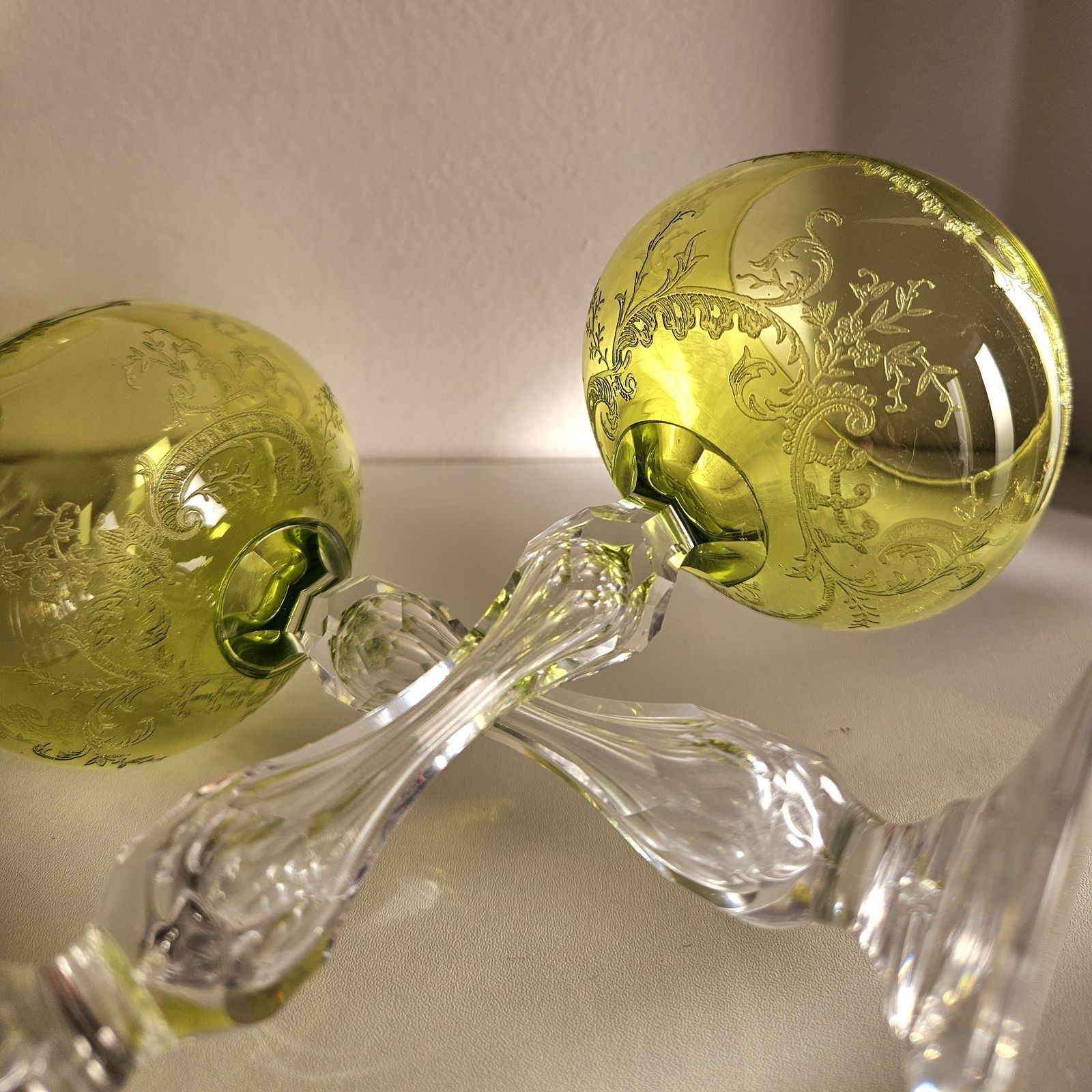 photo furniture Pair Of Antique, Uranium St Louis French Crystal Hock Glasses In Lime Green