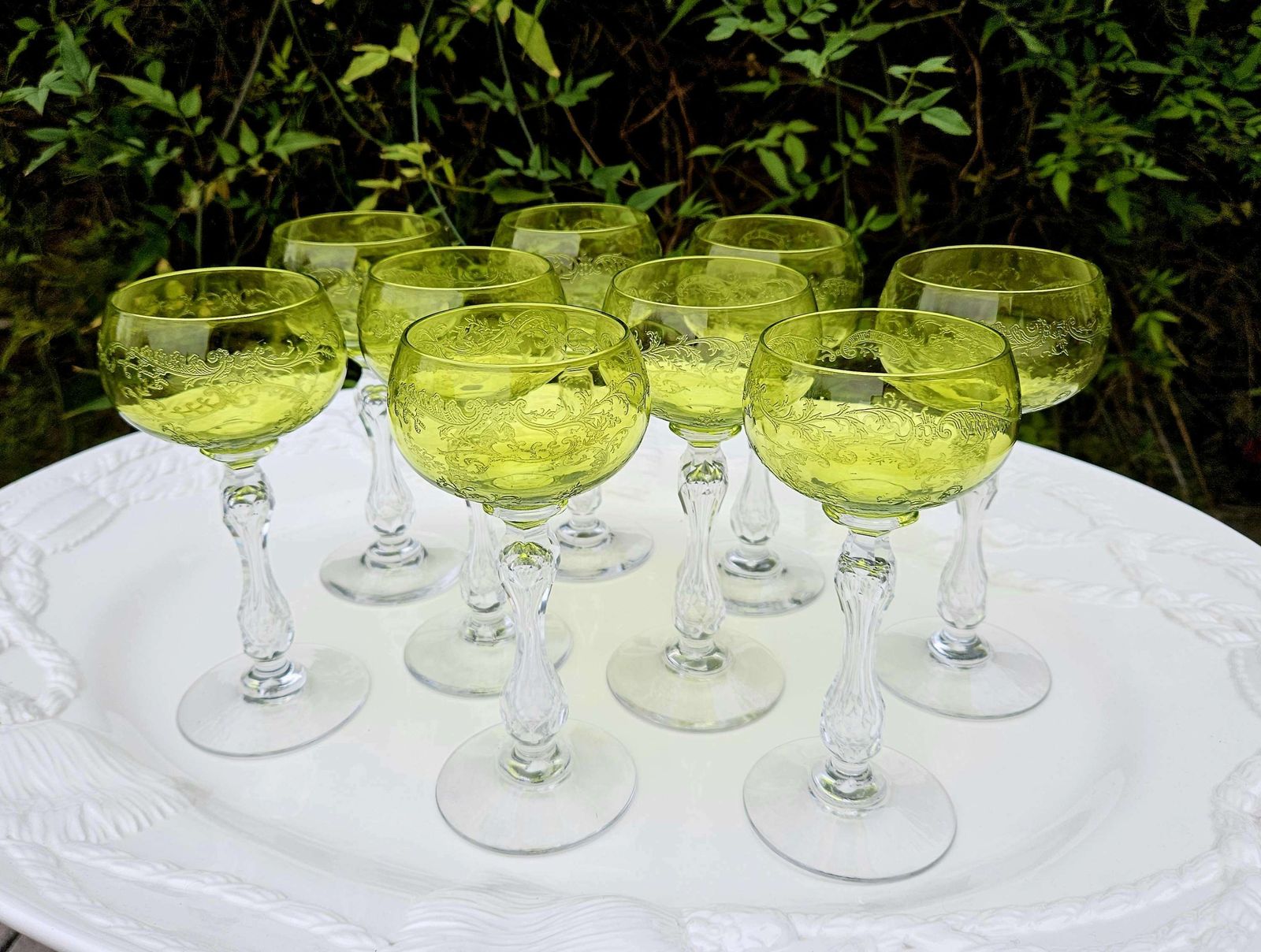 photo buy Pair Of Antique, Uranium St Louis French Crystal Hock Glasses In Lime Green