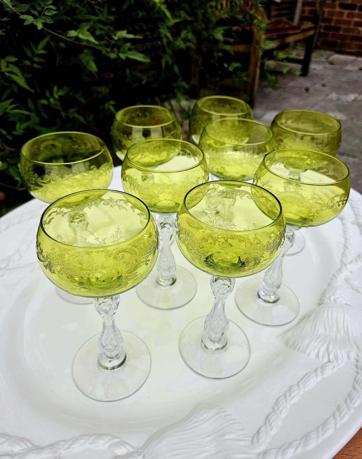 photo vintage Pair Of Antique, Uranium St Louis French Crystal Hock Glasses In Lime Green