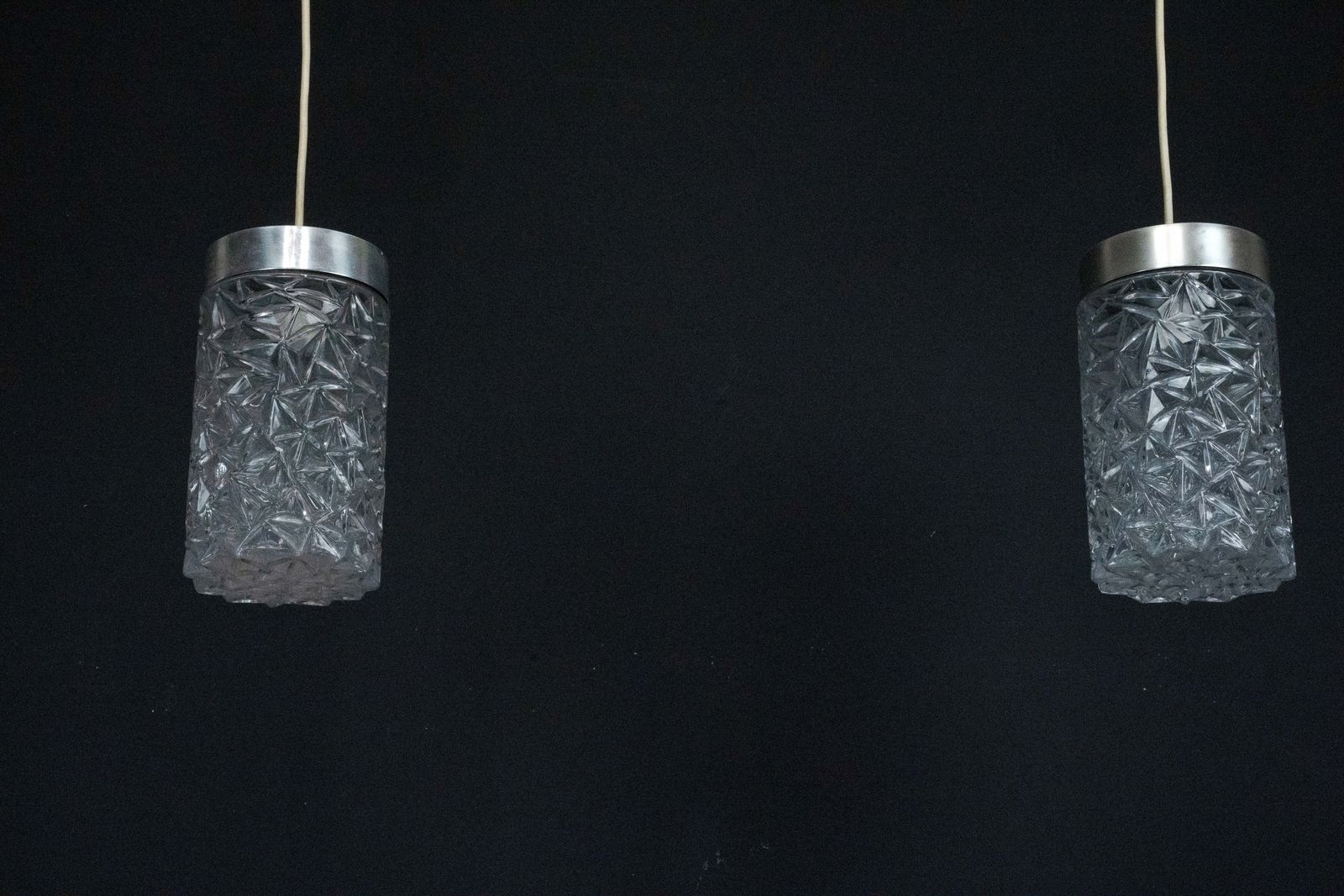 Pair Of Italian Pendant Lights In Glass And Polished Aluminum, 1970s photo for sale
