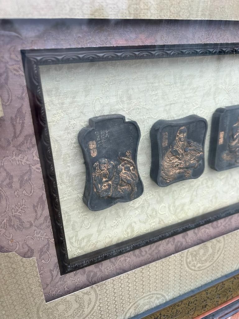 Antique Chinese Oriental Bamboo Style Framed Collection Of Ink Printing Blocks photo buy