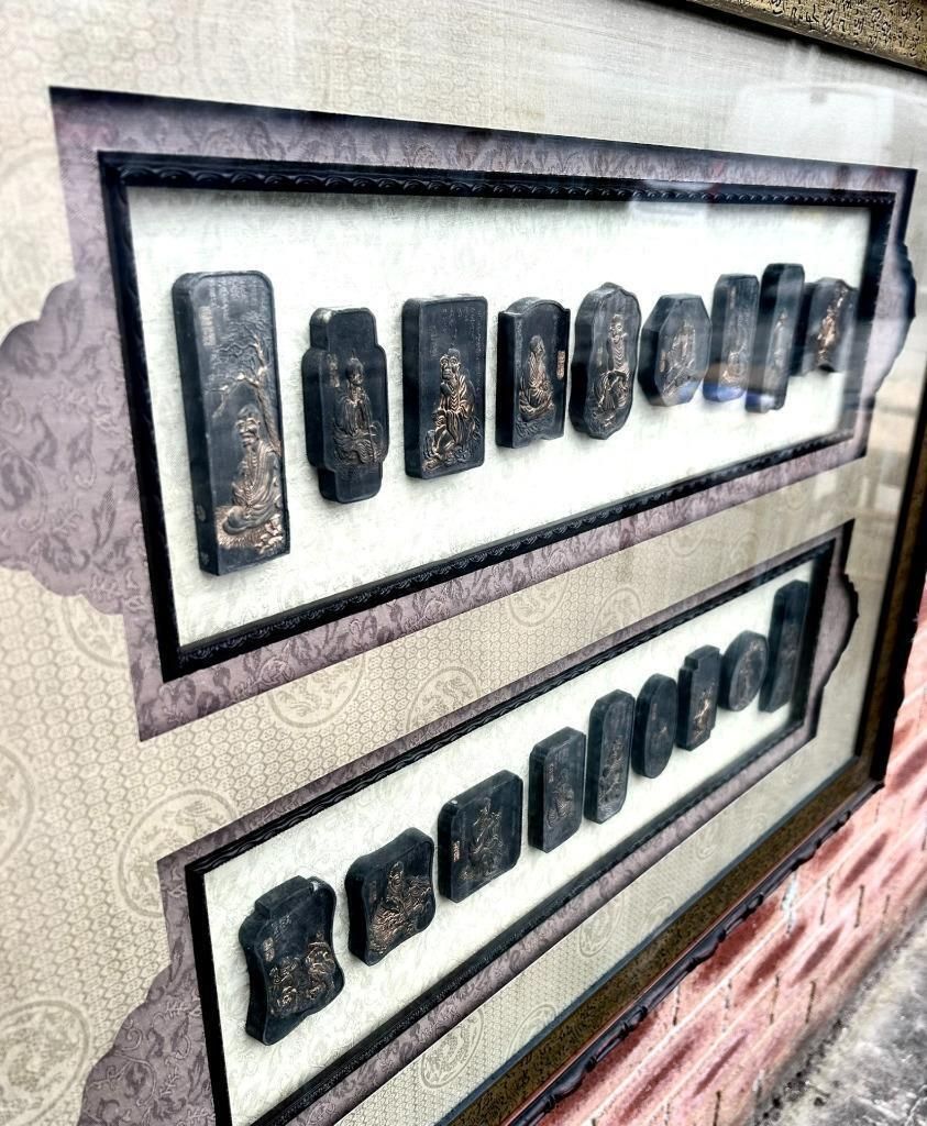 photo furniture Antique Chinese Oriental Bamboo Style Framed Collection Of Ink Printing Blocks