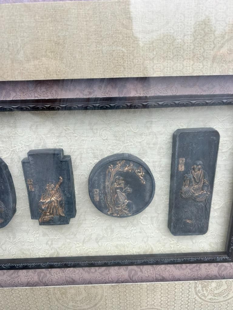 Art Antique Chinese Oriental Bamboo Style Framed Collection Of Ink Printing Blocks photo