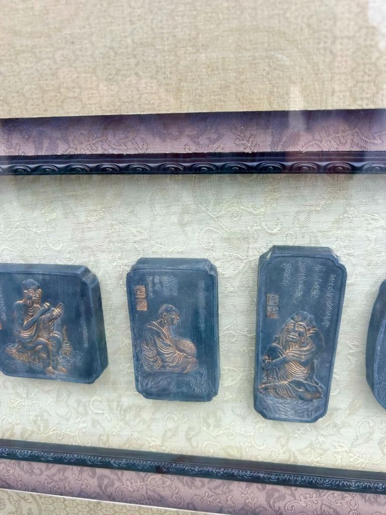 215.0 Antique Chinese Oriental Bamboo Style Framed Collection Of Ink Printing Blocks photo
