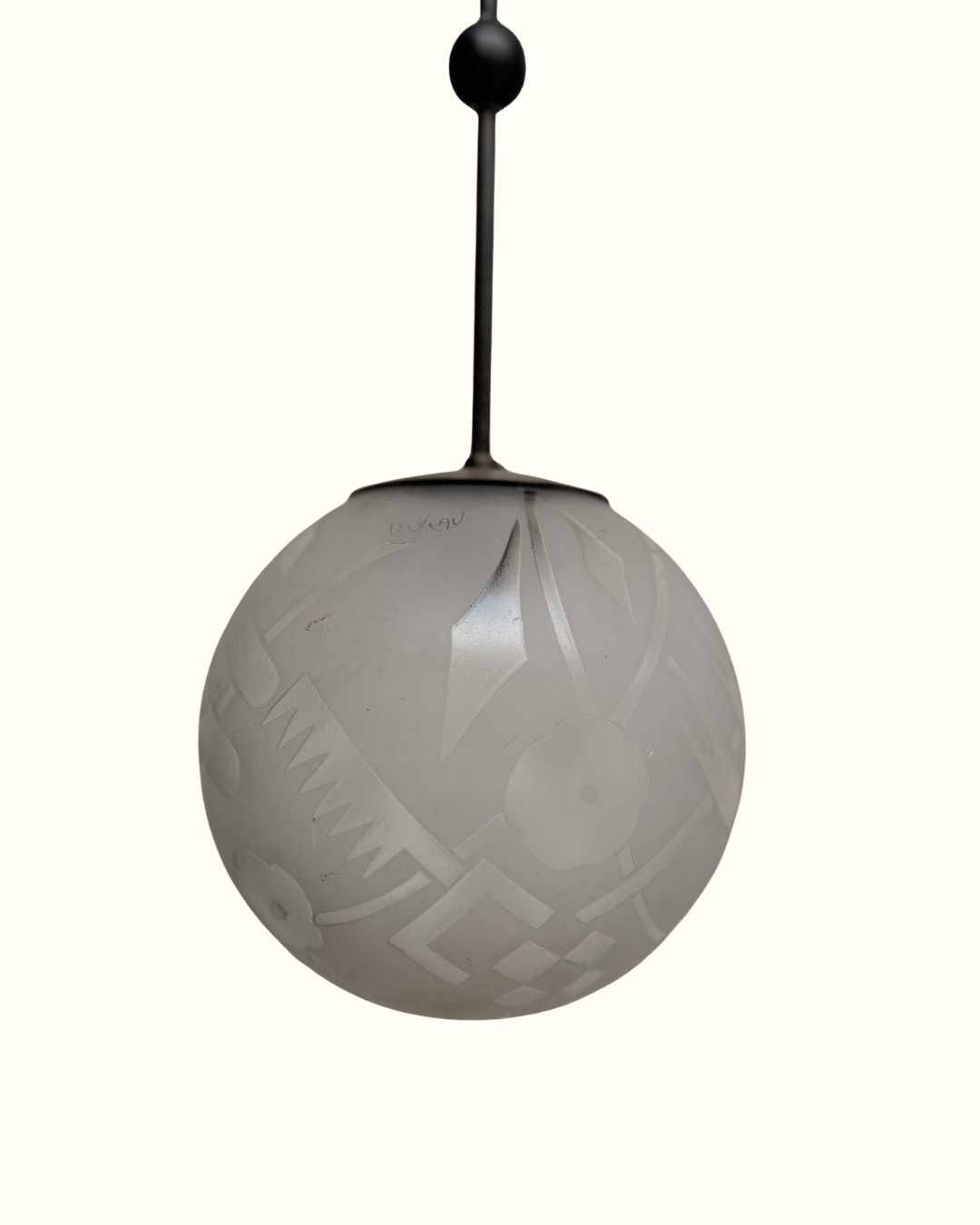 1930s Deveau French Art Deco Frosted Glass And Bronze Ceiling Lamp photo for sale