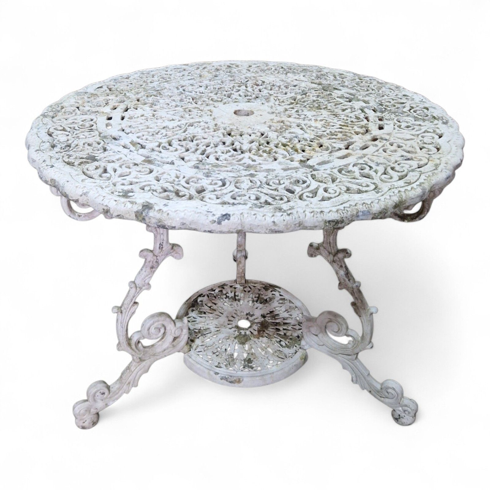 Antique Cast Iron Garden Table Ornate Circular Patio Bistro Parasol Hole Large
