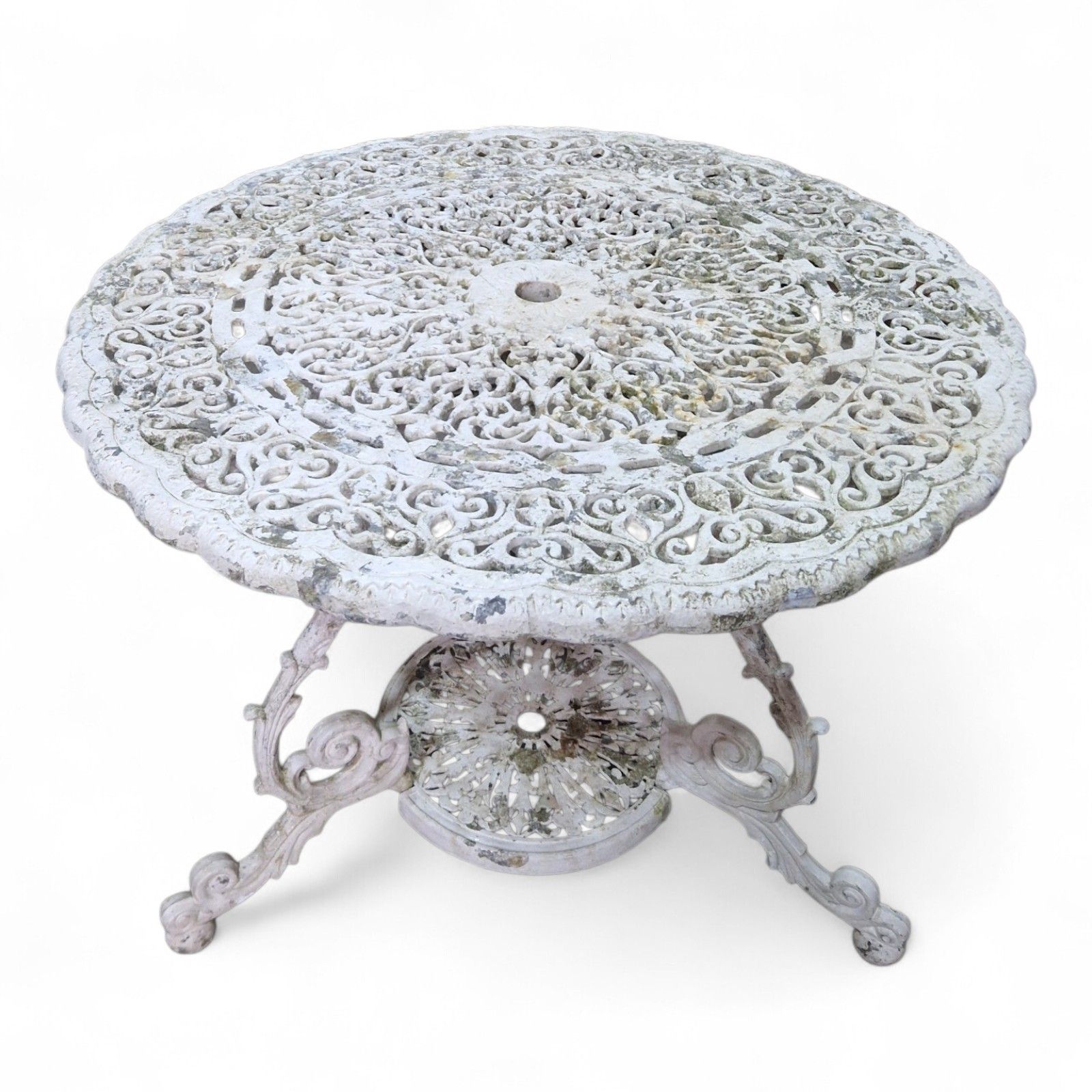 Antique Cast Iron Garden Table Ornate Circular Patio Bistro Parasol Hole Large photo furniture