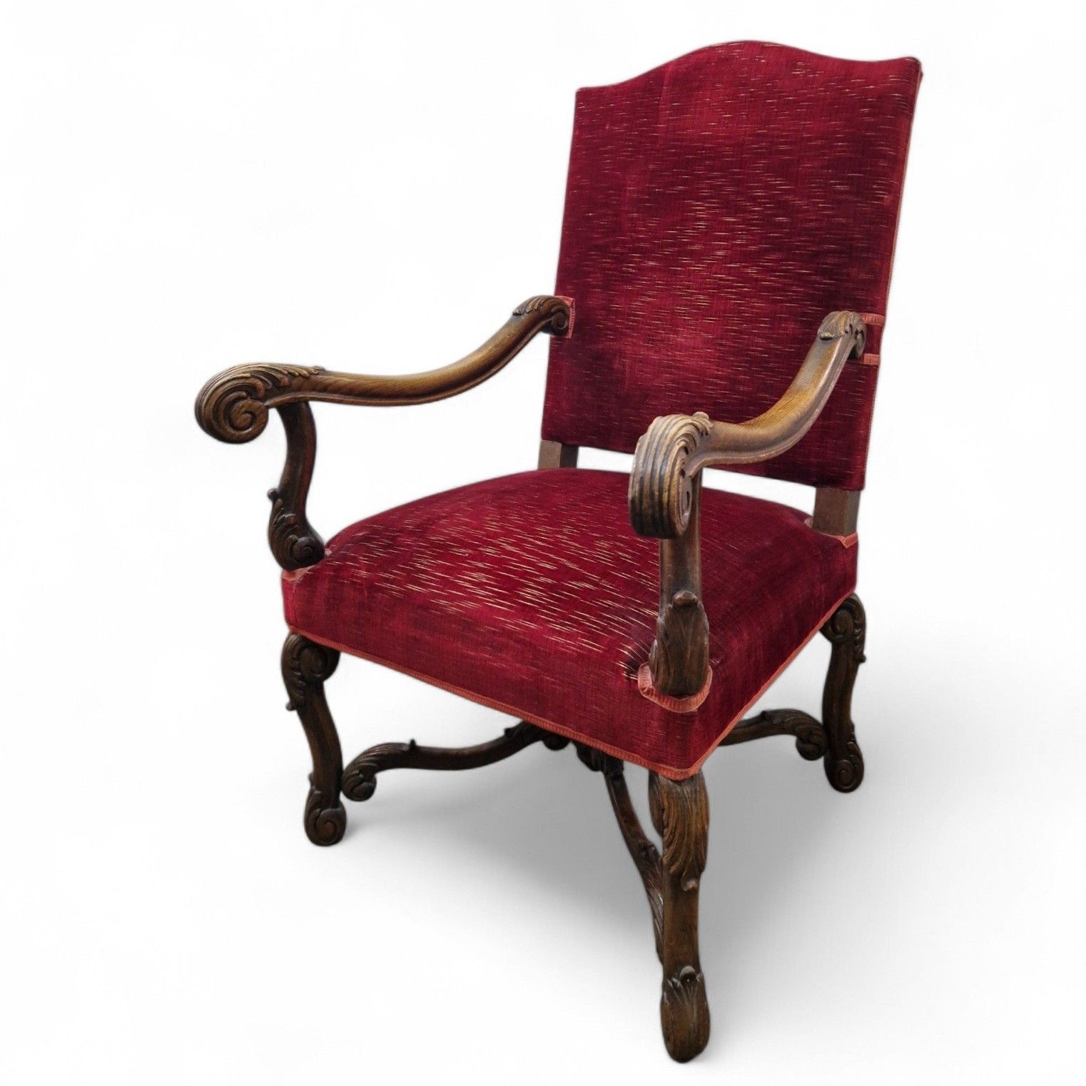 photo buy Antique Carved Wood Armchair Continental Throne Chair Red Velour Statement Oak